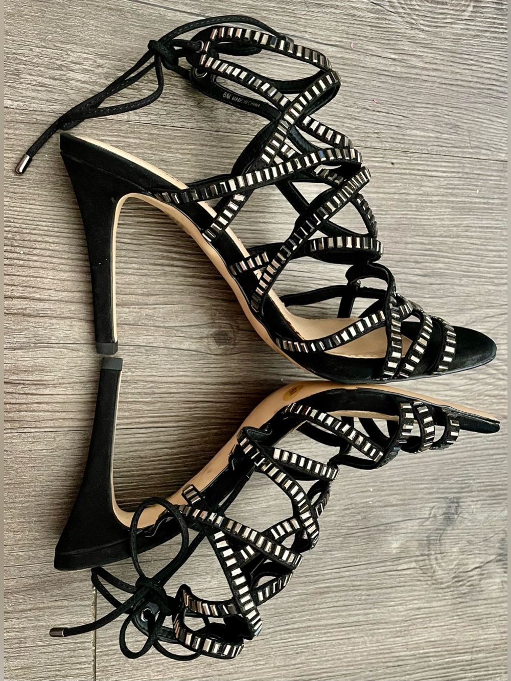 🍸 Gianni Bini Black Strappy Embellished Lace-Up Heels 🍸 - Picture 4 of 7